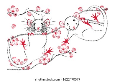 White rats on the branches of blossoming sakura. Chinese New Year, Valentine's Day Symbol Design. Banner, greeting card,  invitation design, print for textiles. Typographic design: two colors. Eps8.