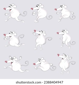 White rats with pink nose in different poses. Set of nine comical mice. Isolated rodents. Flat drawing.  