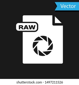 White RAW file document. Download raw button icon isolated on black background. RAW file symbol.  Vector Illustration
