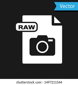 White RAW file document. Download raw button icon isolated on black background. RAW file symbol.  Vector Illustration