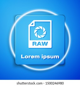 White RAW file document. Download raw button icon isolated on blue background. RAW file symbol. Blue square button. Vector Illustration