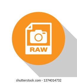 White RAW file document icon. Download raw button icon isolated on white background. RAW file symbol. Orange circle button. Vector Illustration