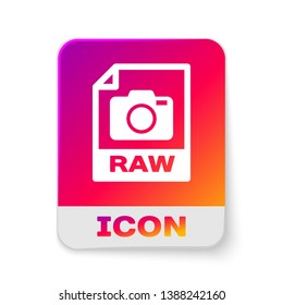 White RAW file document icon. Download raw button icon isolated on white background. RAW file symbol. Rectangle color button. Vector Illustration