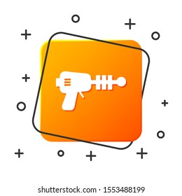 White Ray gun icon isolated on white background. Laser weapon. Space blaster. Orange square button. Vector Illustration