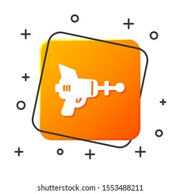 White Ray gun icon isolated on white background. Laser weapon. Space blaster. Orange square button. Vector Illustration