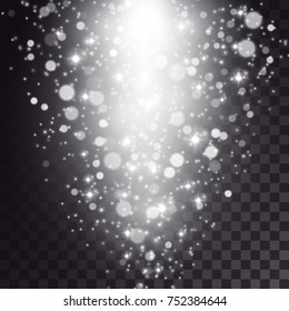 White ray of spotlight special effect. Shining stars, sparkles and bokeh. Winter decorative illustration.