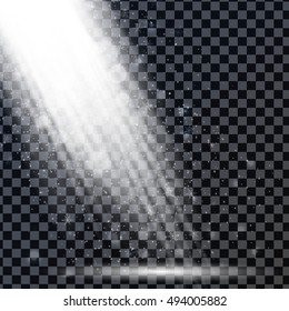 White rays from spotlight with shining particles, snowflakes on transparent background. Vector illustration. 