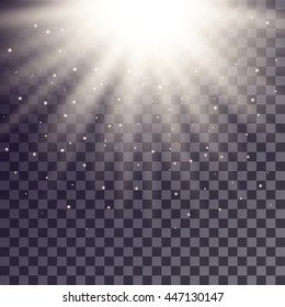 White rays from top with shiny particles on transparent background.
