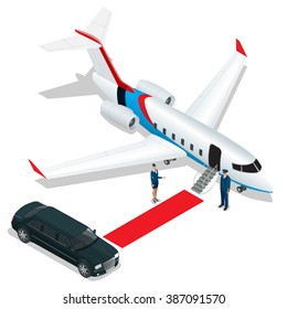 White reactive private jet. White private-jet and open ladder, red carpet at the airpor.  Vector 3d flat isometric illustration. Business airlines. 