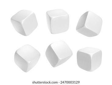 White realistic 3d cube. Icon in flight closeup isolated on white background. Vector illustration.