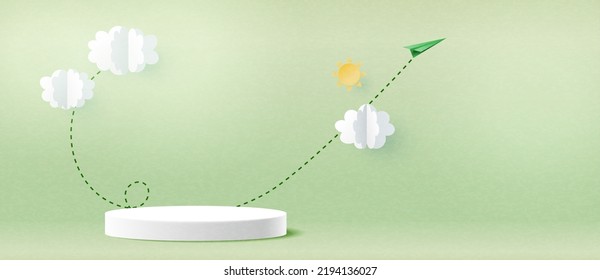 podio peatonal blanco realista de cilindro 3d sobre fondo verde. Presentación del producto. Escena mínima. Estilo de corte de papel vectorial Ilustración.