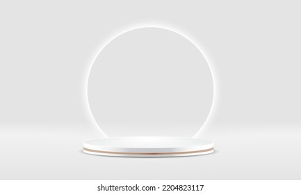 White realistic 3d cylinder pedestal podium with circle rounded neon light backdrop. Abstract vector rendering geometric platform. Product display presentation. Minimal scene.