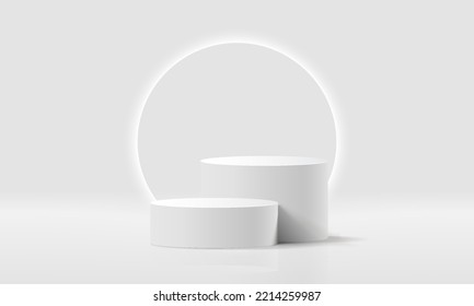 White realistic 3d cylinder pedestal podium with circle rounded neon light backdrop. Abstract vector rendering geometric. Product display presentation. Minimal scene. Social media post background.