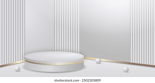 White realistic 3d cylinder pedestal podium with silver spheres of balls background. Product display presentation. Minimal scene.
