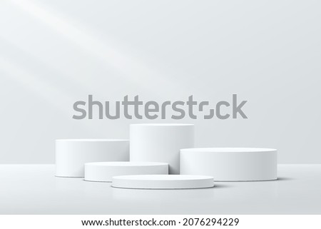 White realistic 3D cylinder steps pedestal podium set with shadow and lighting. Vector abstract studio room with geometric platform design. Gray minimal scene for products showcase, Promotion display. Zdjęcia stock © 