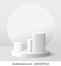 White realistic 3D cylindrical podium with shadow and lighting. Vector abstract studio with platform geometric design. Gray minimal scene for product showcase, advertising display.
