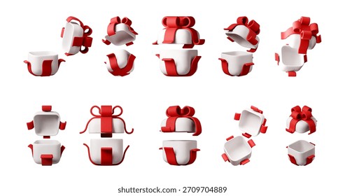 Caja de regalo realista 3D blanca con cinta roja y lazo en diferentes posiciones abiertas y cerradas. Festiva presente para celebración, Navidades, Año Nuevo. Ilustración vectorial