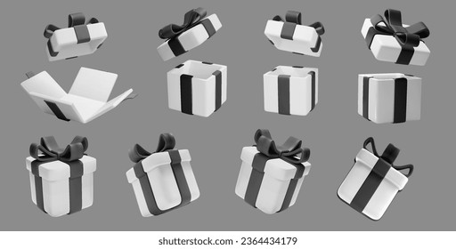 White realistic 3D gift boxes featuring black bows. holiday open surprise boxes for elegance to your designs. Realistic vectors for Black Friday promotions