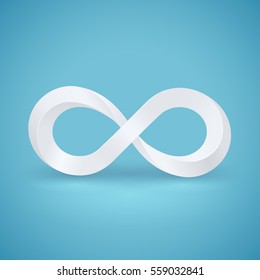 White realistic 3d infinity symbol. Logo design element. Isolated on blue background. Free space for text. Vector illustration.