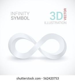 White realistic 3d infinity symbol. Logo design element. Isolated on white background. Free space for text. Vector illustration.