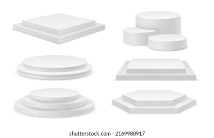 White realistic 3D podiums set, isolated steps pedestal. Vector illustration abstract studio platforms of circle and rectangle shape. Promotion display podium, minimal scene for products showcase