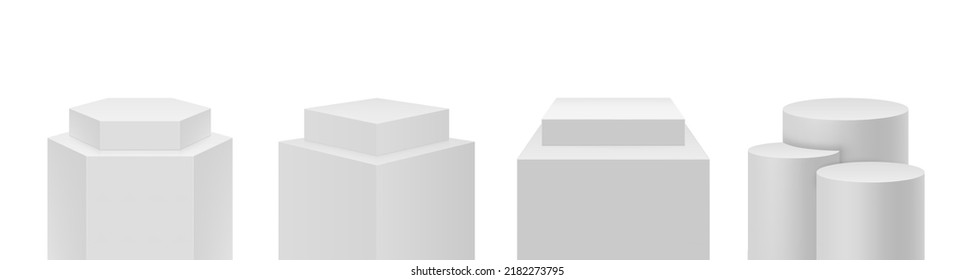 White realistic 3D podiums set, isolated steps pedestal. Vector illustration promotion display podium, minimal scene for products showcase. Abstract studio platforms of different shape