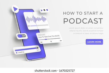 White realistic 3d smartphone. Webinar, online training, radio show or audio blog podcast concept. Mobile app infographic template with buttons and ui sliders. Interface for audio control illustratio