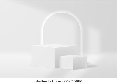 White Realistic 3d Square Pedestal Podium With Rounded Neon Light Backdrop. Abstract Vector Rendering Geometric Platform. Product Display Presentation. Minimal Scene. Social Media Post Background.