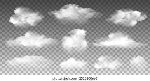 White realistic 3D vector isolated cloud on the transparent background.Vector set