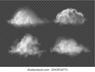 White realistic 3D vector isolated cloud on the transparent background. Smoke elements, fog pattern, cloudy steam in the air Vector set