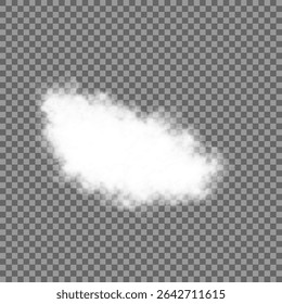 White realistic 3D vector isolated cloud on the transparent background.Vector set. Set of vector clouds, fog or smoke on an isolated transparent background. Cloud, smoke, fog png. Vector illustration.
