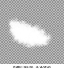 White realistic 3D vector isolated cloud on the transparent background.Vector set. Set of vector clouds, fog or smoke on an isolated transparent background. Cloud, smoke, fog png. Vector illustration.