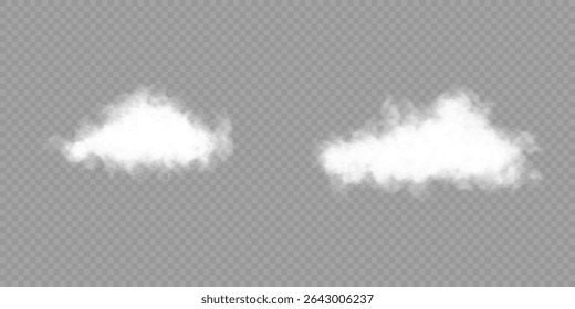 White realistic 3D vector isolated cloud on the transparent background.Vector set. Cloud, smoke, png. Chimney smoke, fog wave or cloud pattern with overlay effect. Cloud art or smoky air illustration.