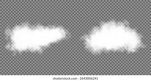 White realistic 3D vector isolated cloud on the transparent background.Vector set. Cloud, smoke, png. Chimney smoke, fog wave or cloud pattern with overlay effect. Cloud art or smoky air illustration.