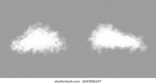 White realistic 3D vector isolated cloud on the transparent background.Vector set. Cloud, smoke, png. Chimney smoke, fog wave or cloud pattern with overlay effect. Cloud art or smoky air illustration.