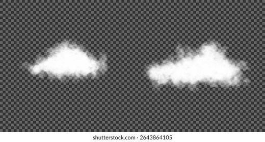 White realistic 3D vector isolated cloud on the transparent background.Vector set. Cloud, smoke, png. Chimney smoke, fog wave or cloud pattern with overlay effect. Cloud art or smoky air illustration.