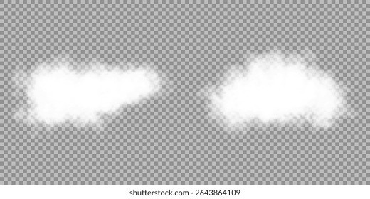 White realistic 3D vector isolated cloud on the transparent background.Vector set. Cloud, smoke, png. Chimney smoke, fog wave or cloud pattern with overlay effect. Cloud art or smoky air illustration.