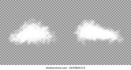 White realistic 3D vector isolated cloud on the transparent background.Vector set. Cloud, smoke, png. Chimney smoke, fog wave or cloud pattern with overlay effect. Cloud art or smoky air illustration.
