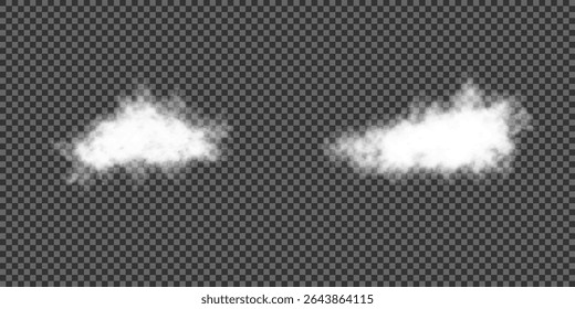 White realistic 3D vector isolated cloud on the transparent background.Vector set. Cloud, smoke, png. Chimney smoke, fog wave or cloud pattern with overlay effect. Cloud art or smoky air illustration.