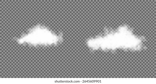 White realistic 3D vector isolated cloud on the transparent background.Vector set. Cloud, smoke, png. Chimney smoke, fog wave or cloud pattern with overlay effect. Cloud art or smoky air illustration.