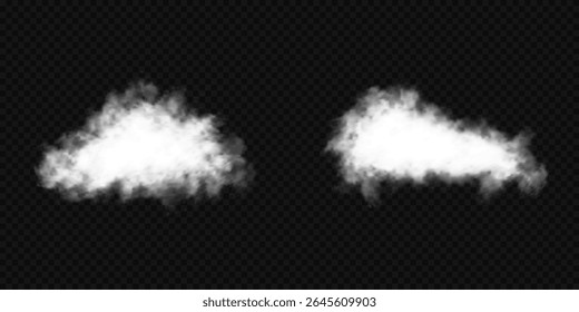 White realistic 3D vector isolated cloud on the transparent background.Vector set. Cloud, smoke, png. Chimney smoke, fog wave or cloud pattern with overlay effect. Cloud art or smoky air illustration.