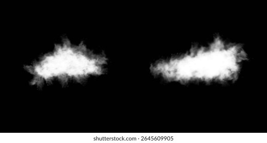 White realistic 3D vector isolated cloud on the transparent background.Vector set. Cloud, smoke, png. Chimney smoke, fog wave or cloud pattern with overlay effect. Cloud art or smoky air illustration.