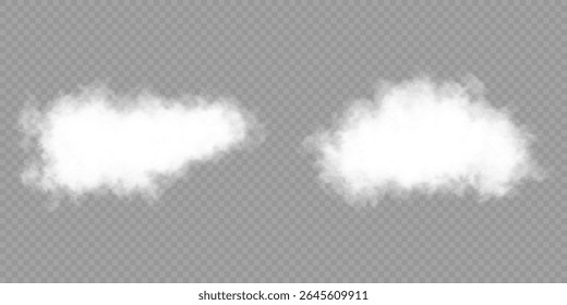 White realistic 3D vector isolated cloud on the transparent background.Vector set. Cloud, smoke, png. Chimney smoke, fog wave or cloud pattern with overlay effect. Cloud art or smoky air illustration.