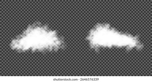 White realistic 3D vector isolated cloud on the transparent background.Vector set. Cloud, smoke, png. Chimney smoke, fog wave or cloud pattern with overlay effect. Cloud art or smoky air illustration.
