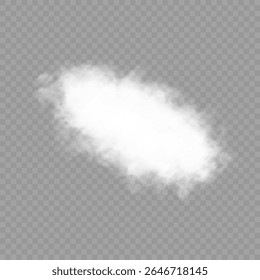 White realistic 3D vector isolated cloud on the transparent background.Vector set. Set of vector clouds, fog or smoke on an isolated transparent background. Cloud, smoke, fog png. Vector illustration.