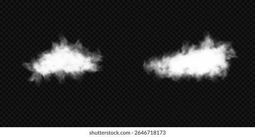 White realistic 3D vector isolated cloud on the transparent background.Vector set. Cloud, smoke, png. Chimney smoke, fog wave or cloud pattern with overlay effect. Cloud art or smoky air illustration.