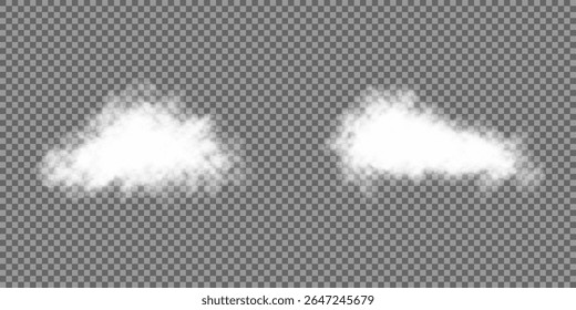 White realistic 3D vector isolated cloud on the transparent background.Vector set. Cloud, smoke, png. Chimney smoke, fog wave or cloud pattern with overlay effect. Cloud art or smoky air illustration.