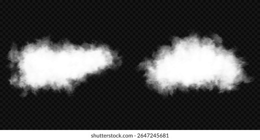 White realistic 3D vector isolated cloud on the transparent background.Vector set. Cloud, smoke, png. Chimney smoke, fog wave or cloud pattern with overlay effect. Cloud art or smoky air illustration.