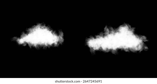 White realistic 3D vector isolated cloud on the transparent background.Vector set. Cloud, smoke, png. Chimney smoke, fog wave or cloud pattern with overlay effect. Cloud art or smoky air illustration.