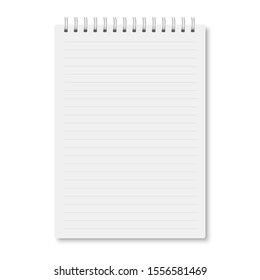 White realistic a5 notebook closed with soft shadows. Vector vertical blank copybook with metallic white spiral on white background. Mock up of horizontal lined organizer or diary isolated.